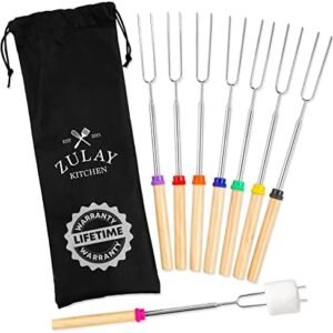 Zulay Marshmallow Roasting Sticks - Extendable Stainless Steel Smores Sticks For Campfire, Bonfire, Fire Pit - Marshmallow Sticks - Hot Dog Skewers - Camping Accessories Smores Kit - 32” Long (8 Pack)